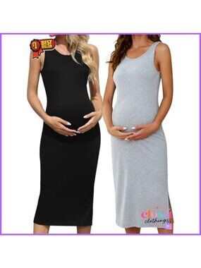 Maternity Ribbed Bodycon Tank Dress 2-Pack Sleeveless Slit Midi